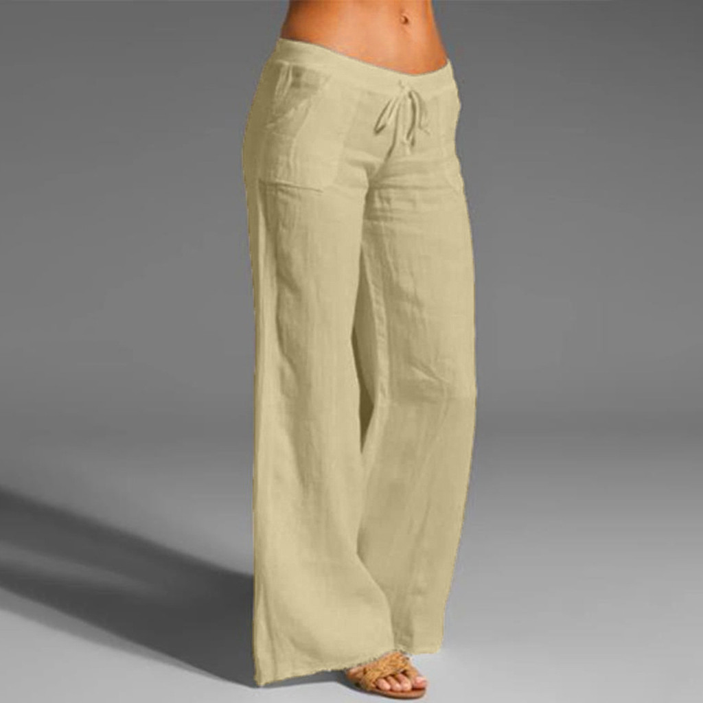LoyisViDion Woman Pants Clearance Women Casual Solid Pants Cotton Linen Elastic Waist Drawstring Long Wide Leg Pants Beige XXXL
